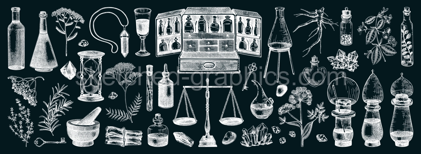 Vinatge apothecary hand-drawn vector illustrations. Antique apothecary box, scales, glassware, medicinal herb and healing plants sketches on chalkboard. NOT AI generated Illustration